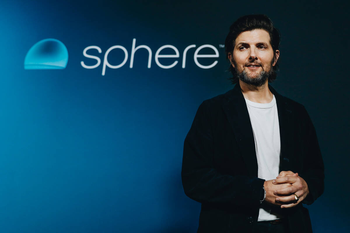 Actor Adam Scott poses for photographs outside of the Sphere during its opening night on Friday ...