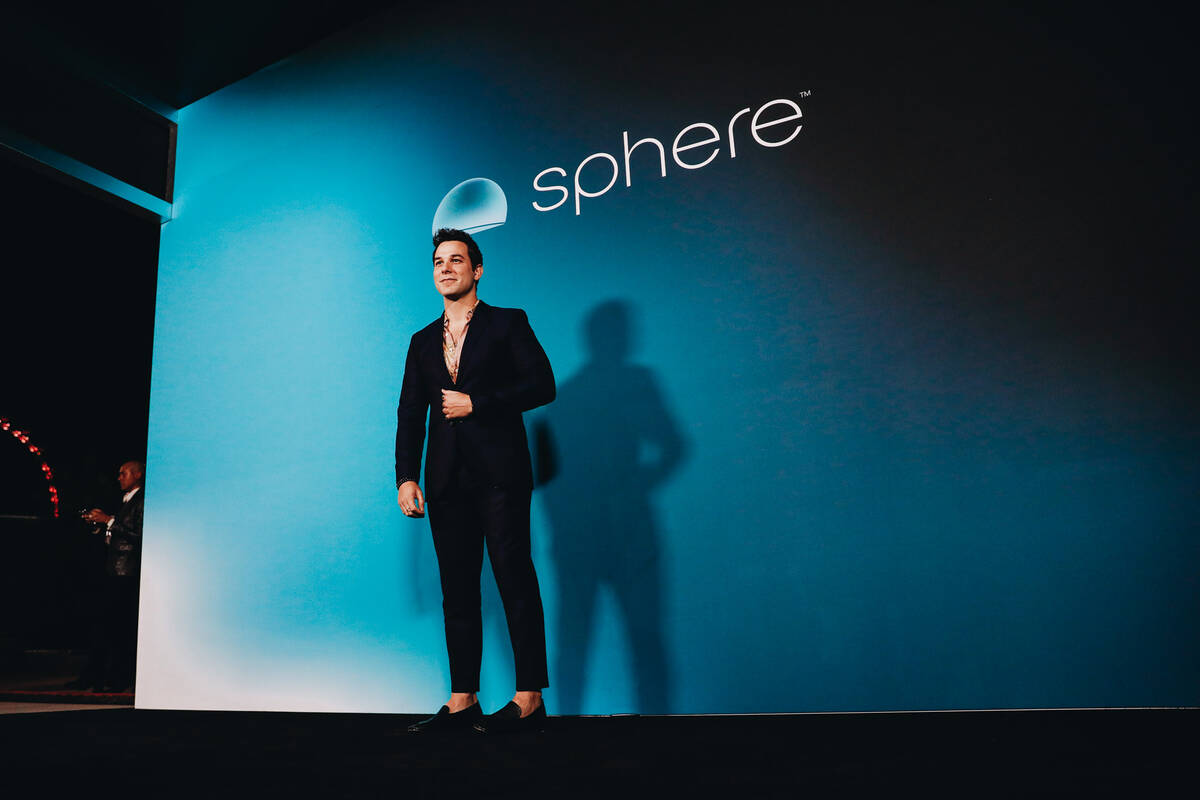 Actor Skylar Astin poses for photographs outside of the Sphere during its opening night on Frid ...
