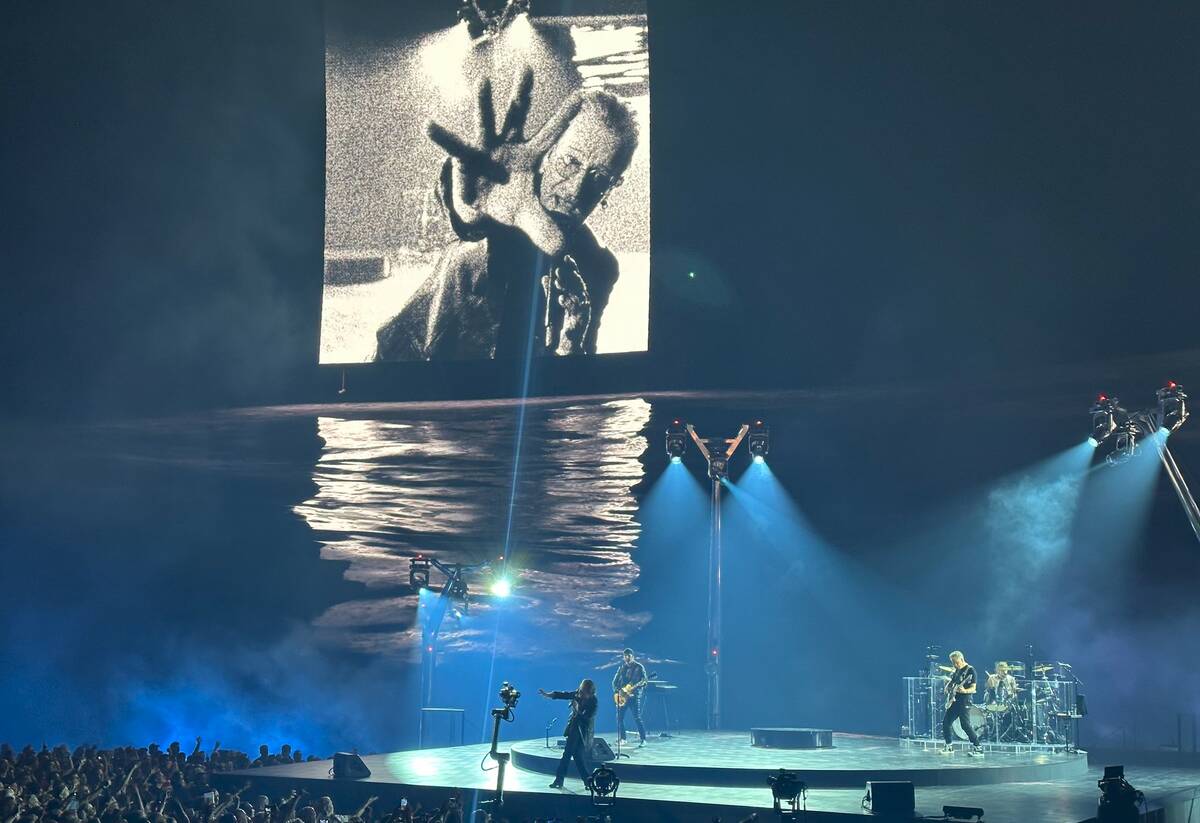 U2 is shown during the premiere of "U2 UV: Achtung Baby" at the Sphere on Friday, Sept. 29, 202 ...