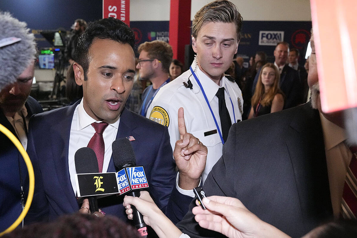 Former businessman Vivek Ramaswamy answers questions in the spin room after a Republican presid ...