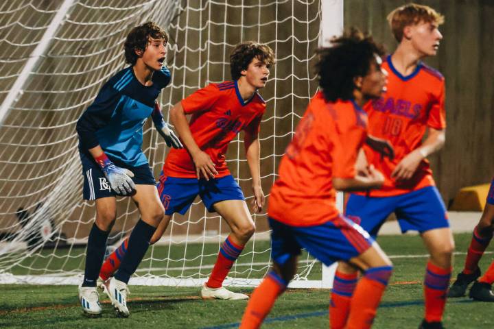 Bishop Gorman goalie Chase Cosenza (24) yells to a teammate from the net during game against Pa ...