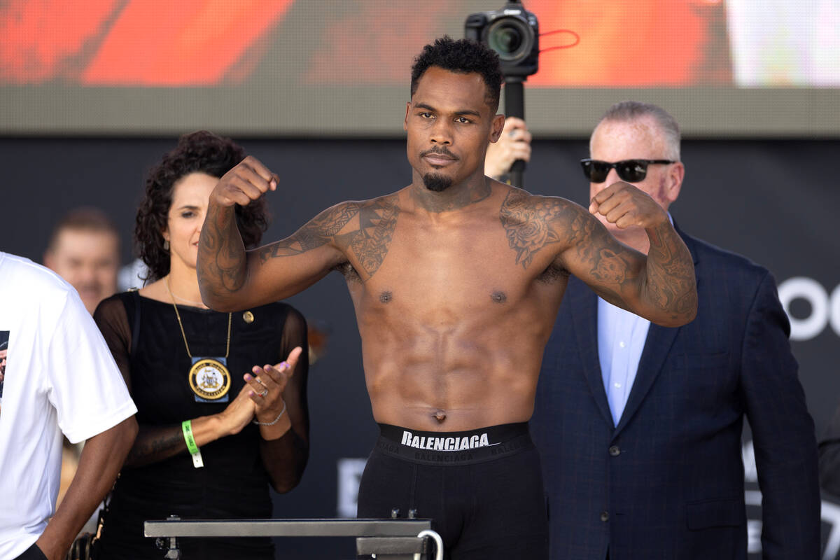 Jermell Charlo weighs in at Toshiba Plaza on Friday, Sept. 29, 2023, in Las Vegas. Charlo will ...