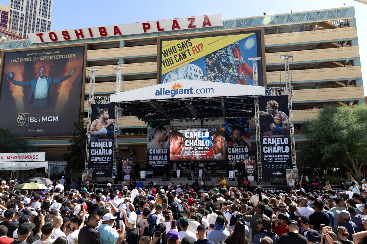 A crowd waits for Canelo Alvarez and Jermell Charlo to weigh in at Toshiba Plaza on Friday, Sep ...