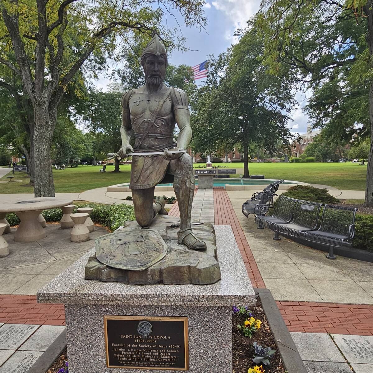 A statue honoring Society of Jesus founder Saint Ignatius of Loyola, the original namesake of J ...