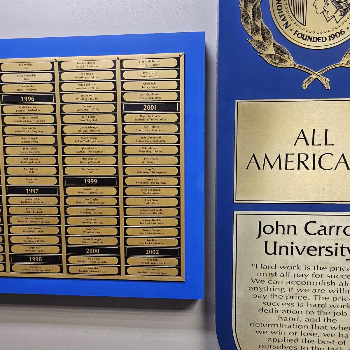 A plaque listing every Division III All-American in John Carroll University history hangs on th ...