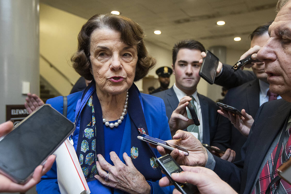 FILE - In this Jan. 28, 2020 file photo, Sen. Dianne Feinstein, D-Calif., speaks to reporters a ...