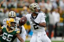 New Orleans Saints quarterback Jameis Winston (2) drops back to pass during the second half of ...