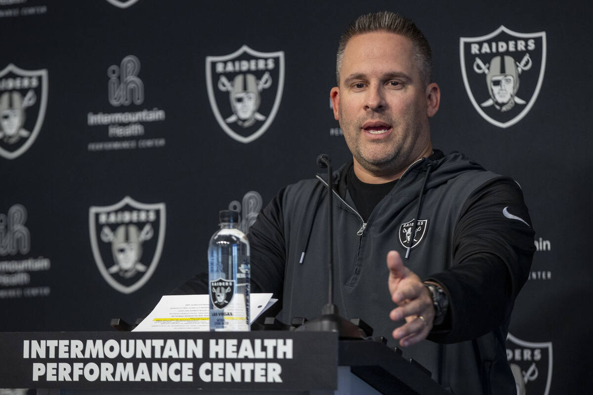Raiders head coach Josh McDaniels speaks to media during a news conference on Wednesday, Sept. ...