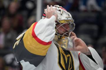 Vegas Golden Knights goalie Logan Thompson prepares to face the Colorado Avalanche in the first ...