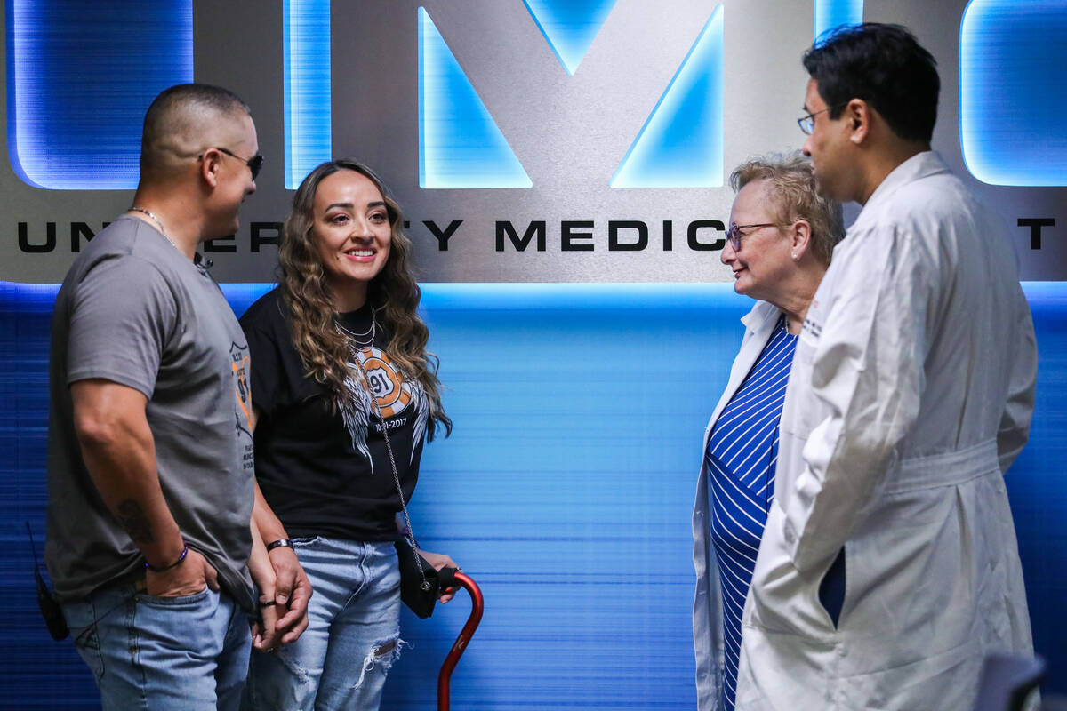 Jovanna Calzadillas, survivor of the October 1, 2017 shooting, meets with two trauma doctors, D ...