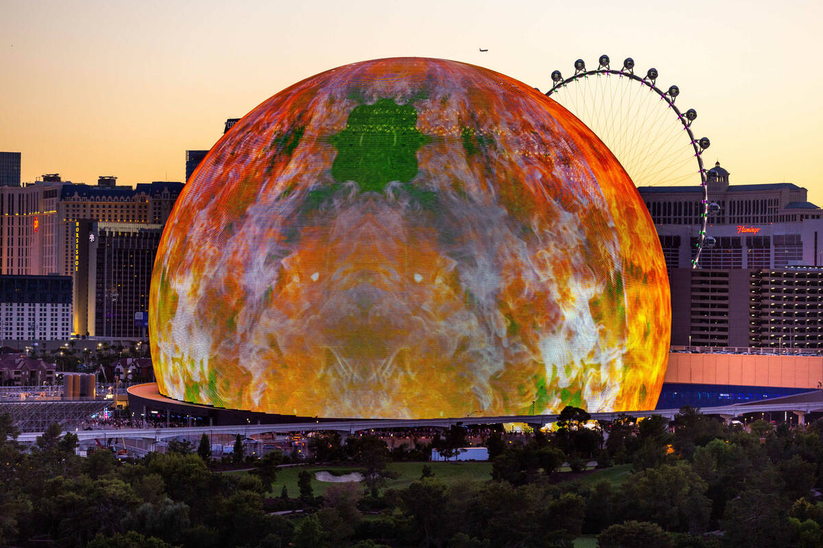 Varied colors graphic during the opening night of the Sphere with U2 concert on stage Friday, S ...