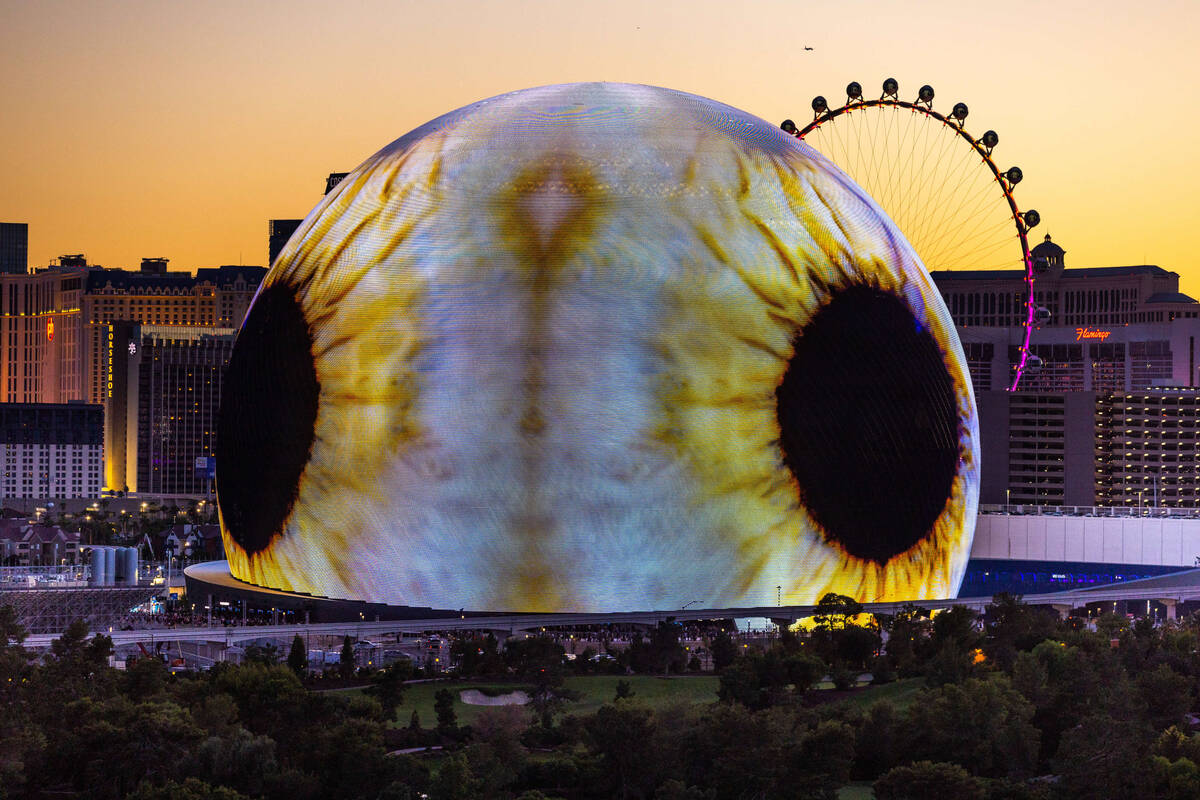 Eyeballs graphic during the opening night of the Sphere with U2 concert on stage Friday, Sept. ...