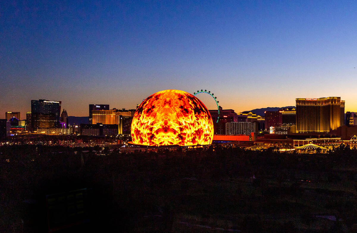 A flaming ball graphic during the opening night of the Sphere with U2 concert on stage Friday, ...