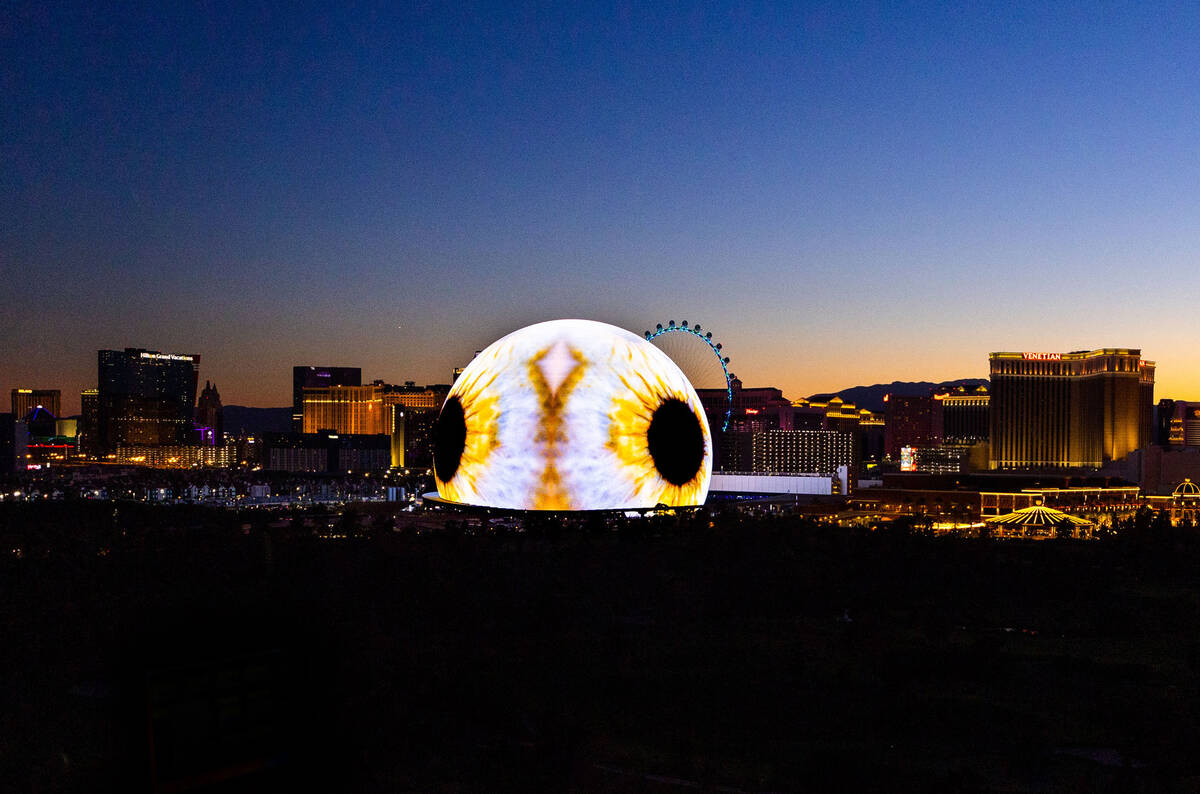 An eyeball graphic during the opening night of the Sphere with U2 concert on stage Friday, Sept ...