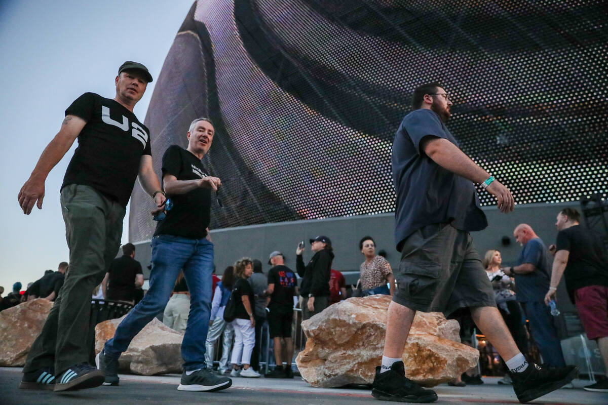 Excited fans wait outside of the Sphere on the night of its inaugural performance featuring U2 ...