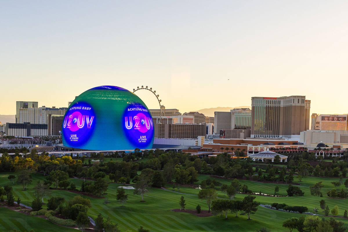 A graphic for the U2 UV Achtung Baby is displayed during the opening night of the Sphere with a ...