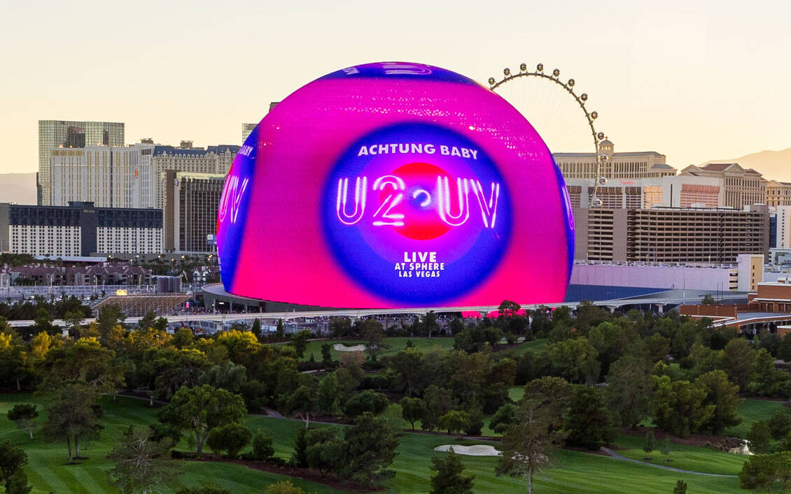 A graphic for the U2 UV Achtung Baby is displayed during the opening night of the Sphere with a ...
