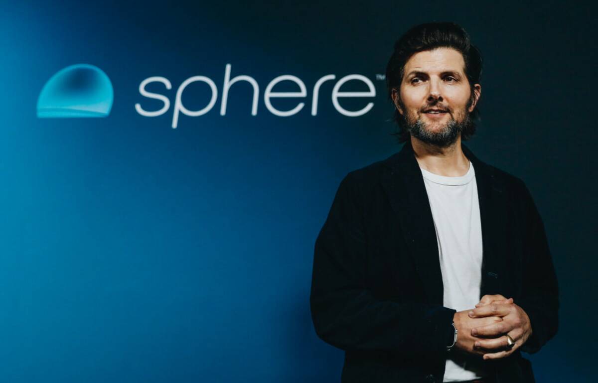Actor Adam Scott poses for photographs outside of the Sphere during its opening night on Friday ...