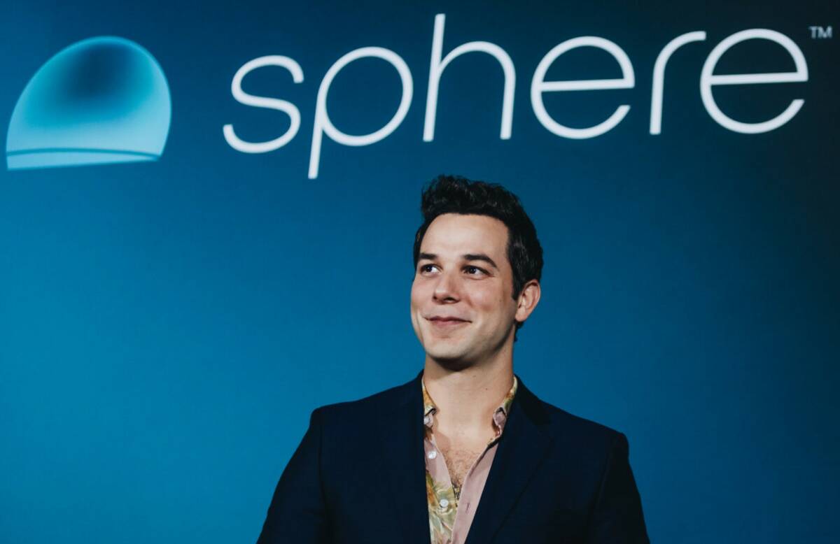 Actor Skylar Astin poses for photographs outside of the Sphere during its opening night on Frid ...