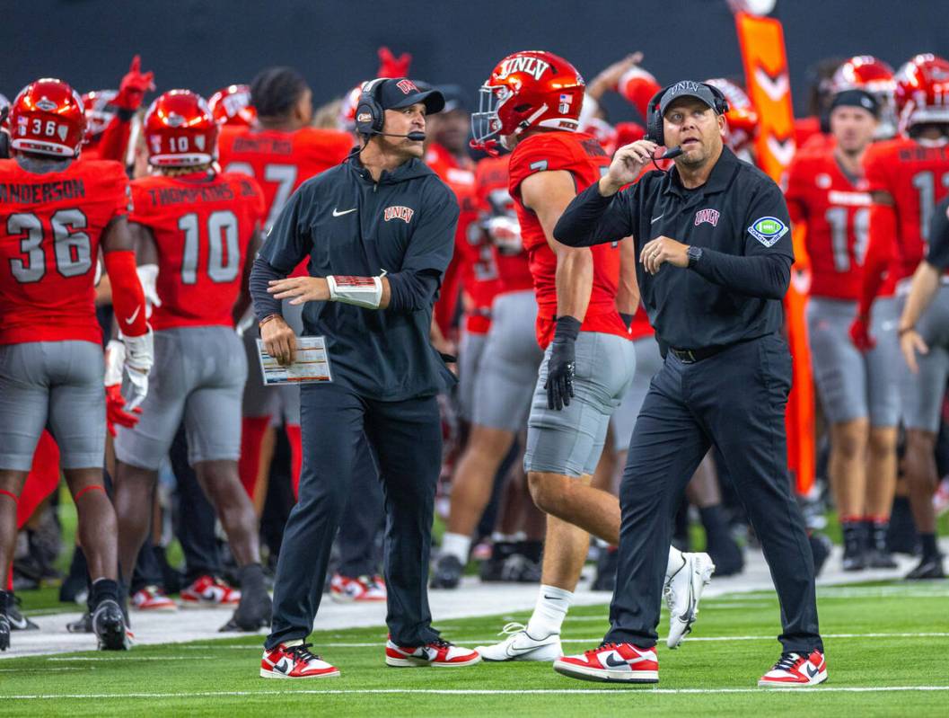 UNLV Head Coach Barry Odom looks to the scoreboard after another turnover from Hawaii during th ...