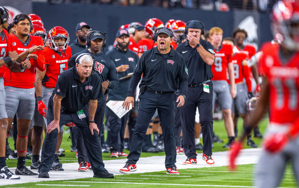 UNLV Head Coach Barry Odom yells to his offense against Hawaii during the first half of their N ...