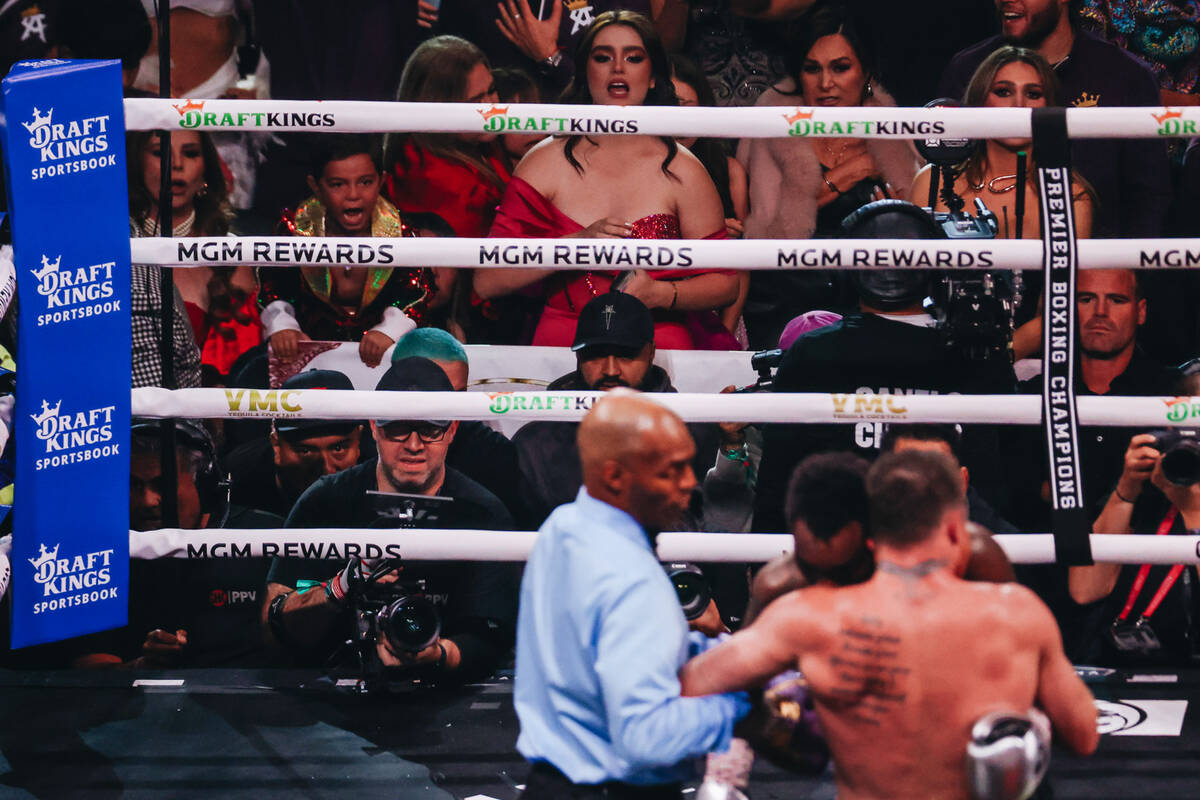 Fans cheer during an undisputed world super middleweight title boxing bout between Canelo Alvar ...