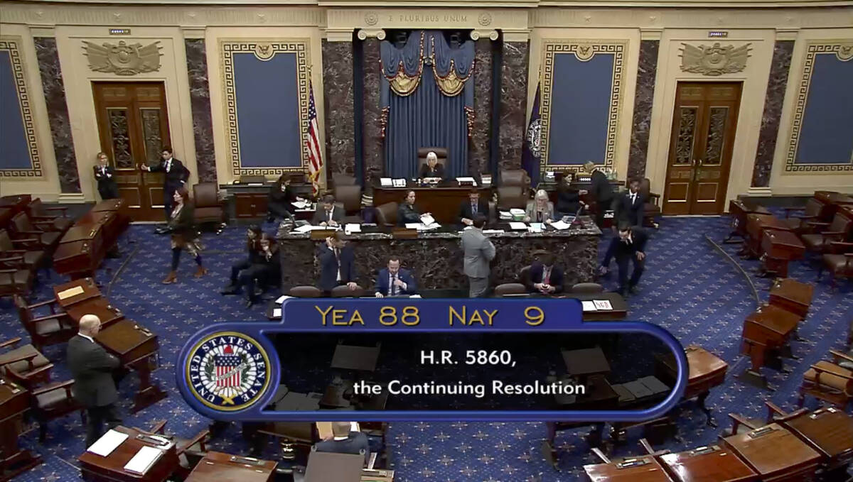 This image from U.S. Senate video shows the vote total, 88-9, on a temporary funding bill in th ...