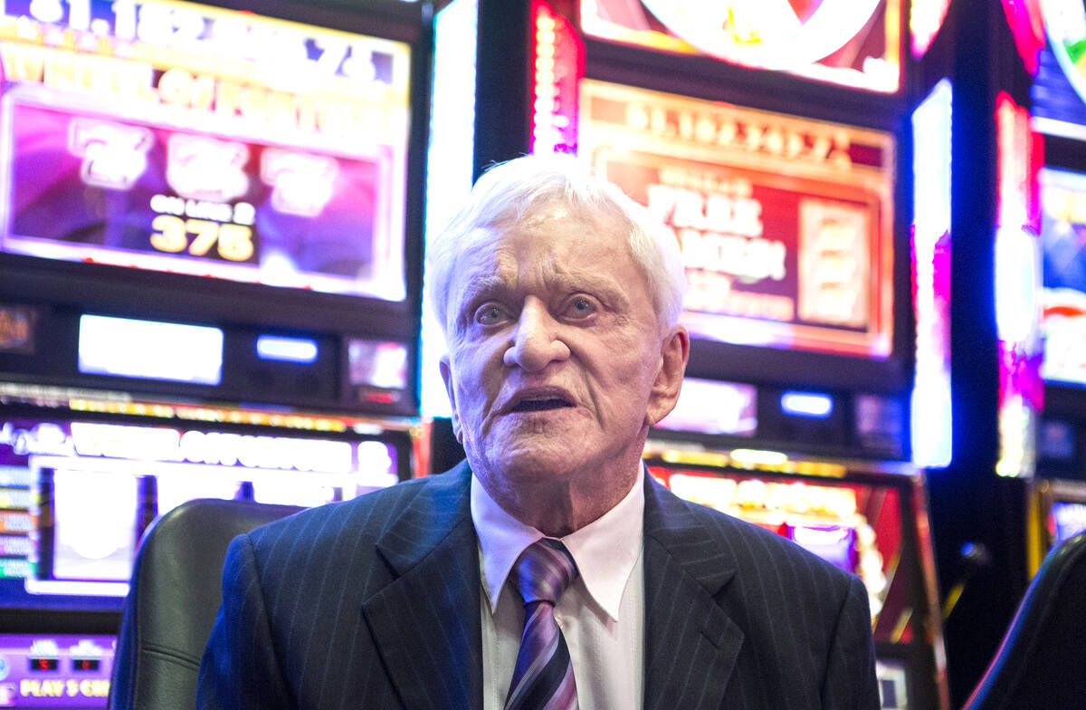 Don Laughlin, owner of the Riverside Resort, sits near a bank of slot machines during the 50th ...