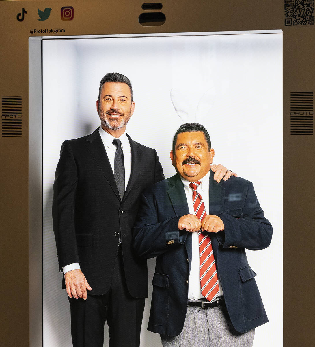 Jimmy Kimmel and Guillermo appear in a hologram machine at the Jimmy Kimmel Comedy Clubon, on M ...