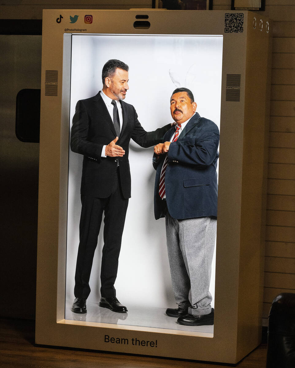 Jimmy Kimmel and Guillermo appear in a hologram machine at the Jimmy Kimmel Comedy Club, on Mon ...
