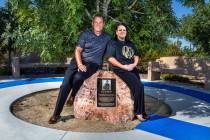 Joe and Tracey Robbins by a memorial to their son Quinton at Heritage Park on Sept. 13, 2023, i ...