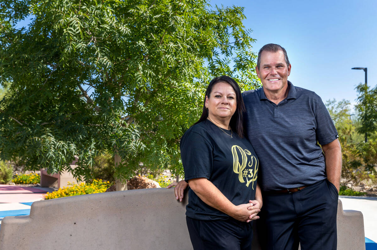 Joe and Tracey Robbins by a memorial to their son Quinton at Heritage Park on Sept. 13, 2023, i ...