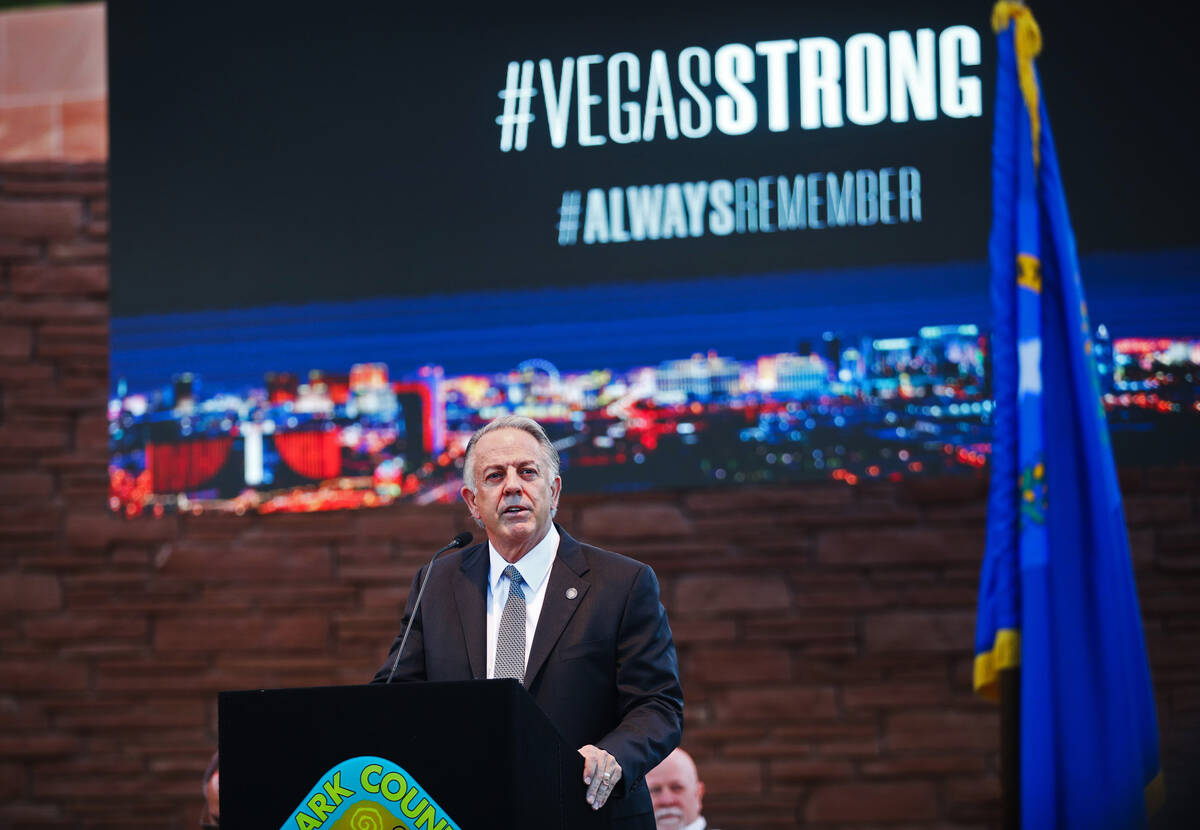 Gov. Joe Lombardo speaks at the 1 October Sunrise Remembrance ceremony at the Clark County Gove ...