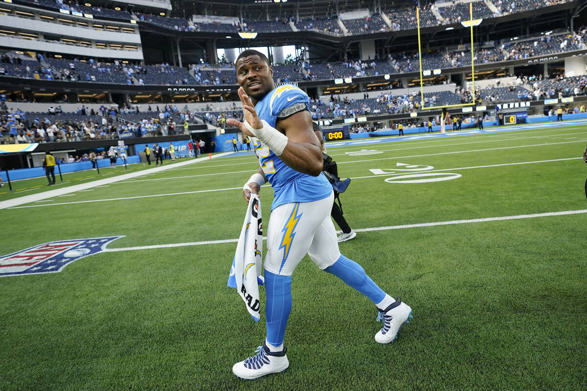 Los Angeles Chargers linebacker Khalil Mack walks off the field after a win over the Las Vegas ...