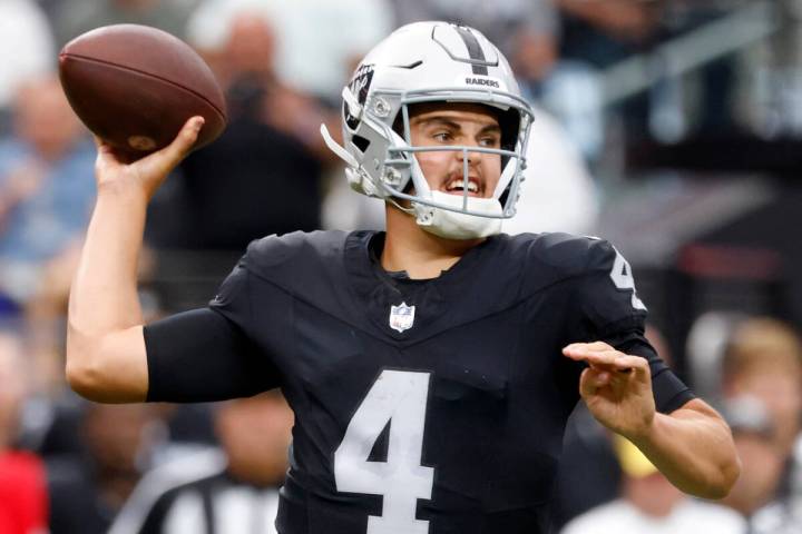Raiders quarterback Aidan O'Connell (4) throws a pass during the second half of an NFL preseaso ...