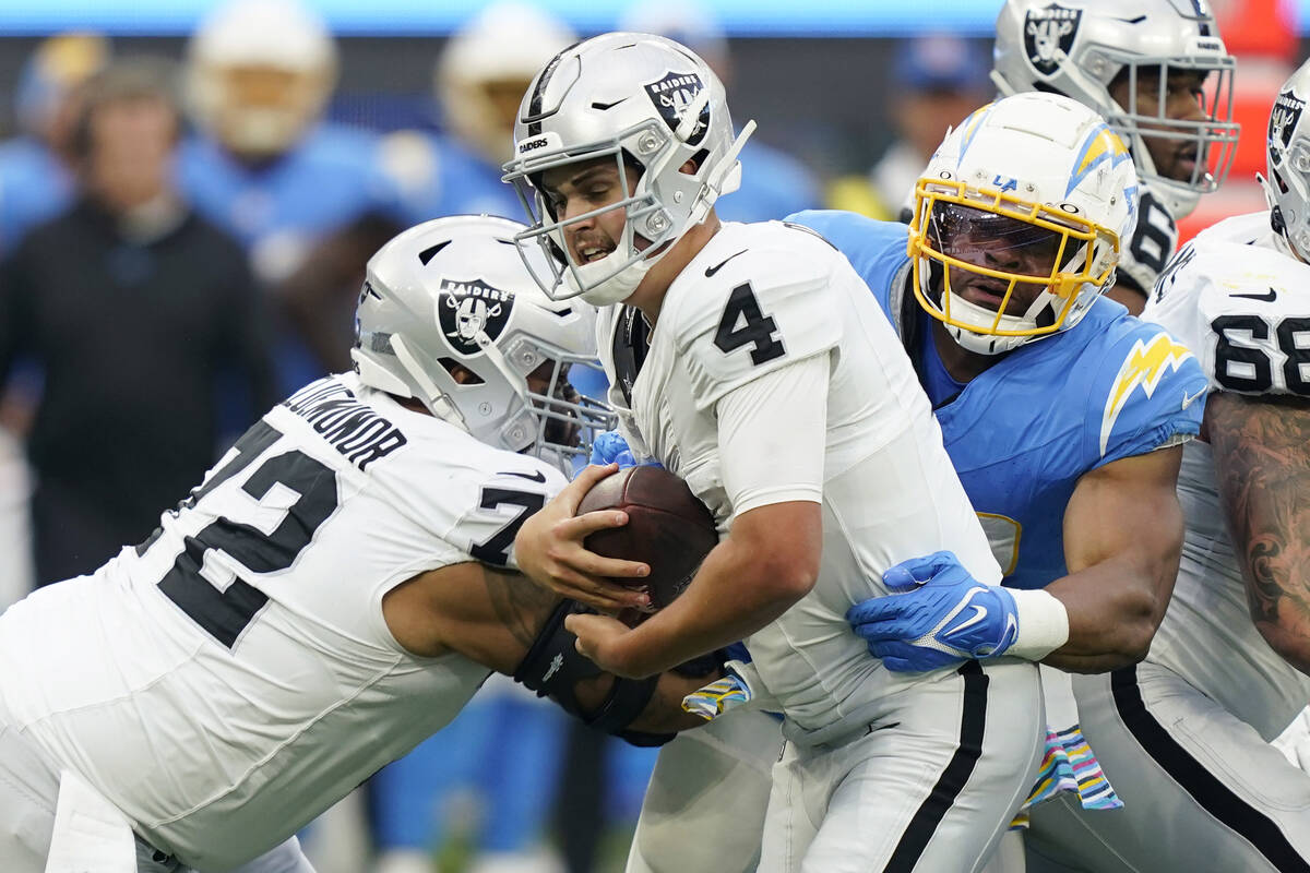 Las Vegas Raiders quarterback Aidan O'Connell (4) is sacked by Los Angeles Chargers linebacker ...