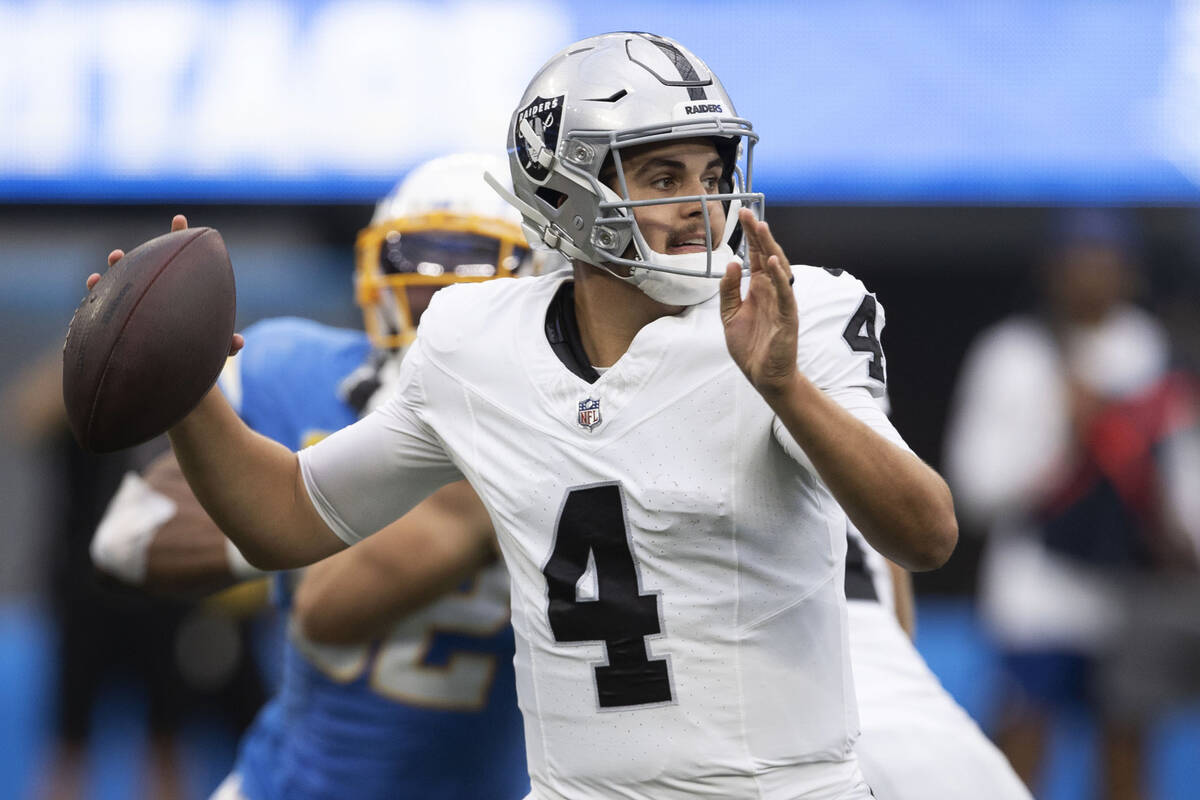 Raiders quarterback Aidan O'Connell (4) looks to throw during the first half an NFL game agains ...