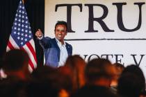 Republican presidential candidate Vivek Ramaswamy points to the crowd during an event at Stoney ...