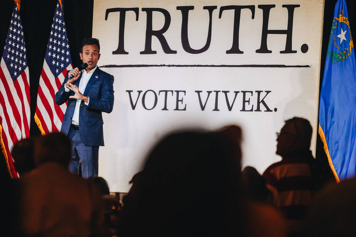 Republican presidential candidate Vivek Ramaswamy speaks to a crowd at an event at Stoney&#x201 ...