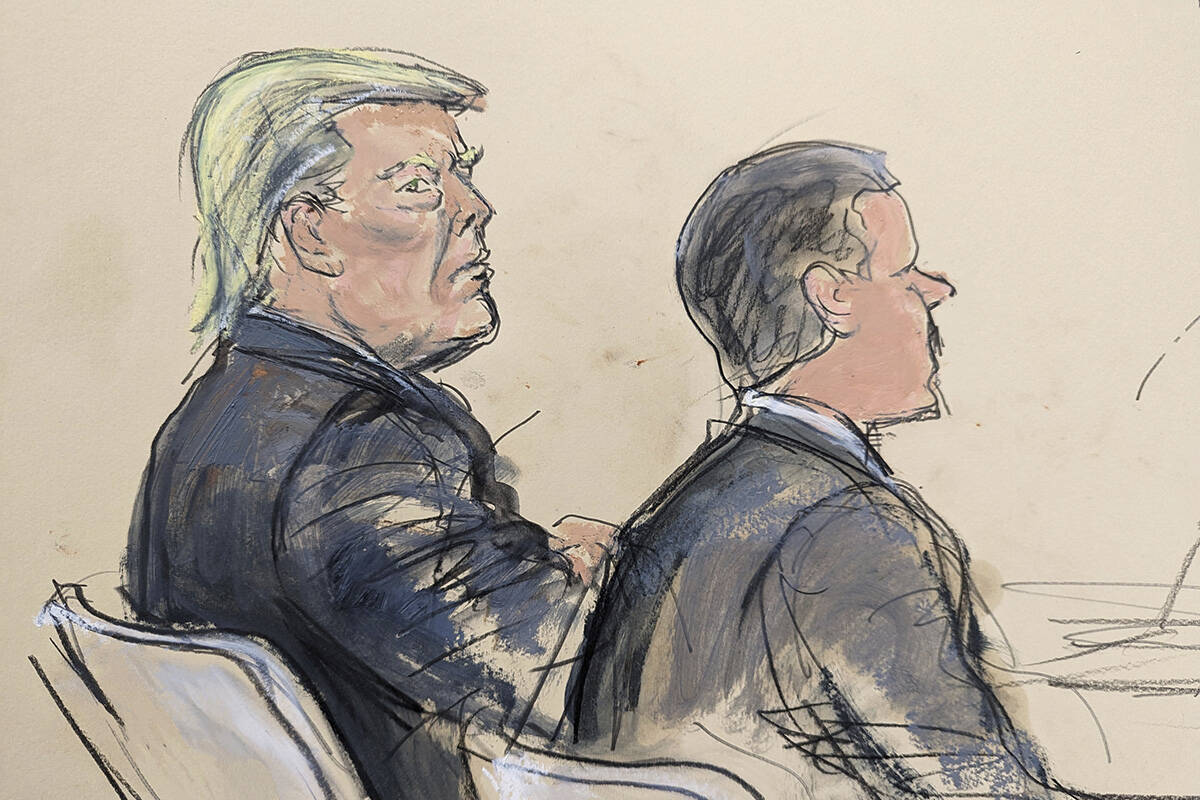 This courtroom sketch shows former President Donald Trump, left, seated at the defense table ne ...