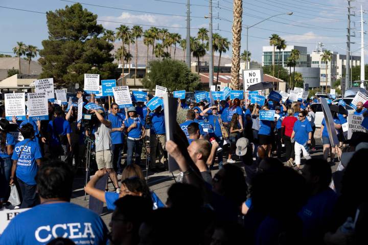 Clark County Education Association teachers union members protest outside CCSD’s Greer E ...