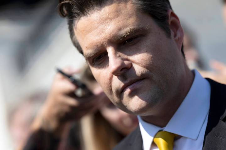 Rep. Matt Gaetz (R-FL) talks to reporters outside of the U.S. Capitol Building on Oct. 2, 2023, ...