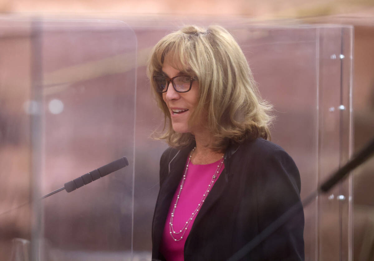 Virginia Valentine, president and CEO of Nevada Resort Association, speaks to the Clark County ...