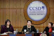 FILE - Clark County School Board President Evelyn Garcia Morales, center, during a meeting with ...