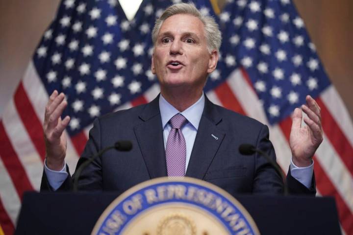 Rep. Kevin McCarthy, R-Calif., speaks to reporters hours after he was ousted as Speaker of the ...