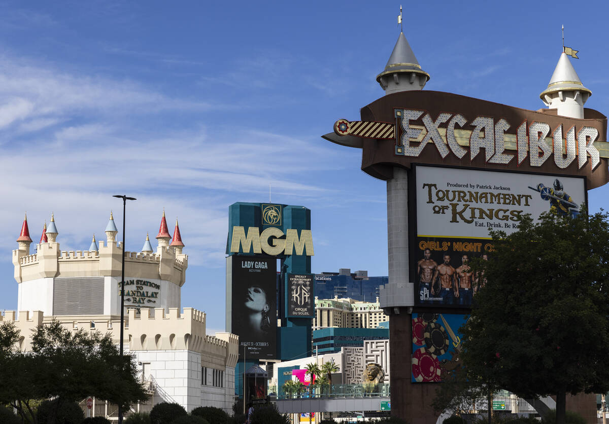 Excalibur hotel and casino, left, New York New York and MGM Grand are seen, on Thursday, Sept. ...