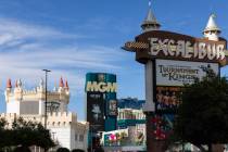 Excalibur hotel and casino, left, New York New York and MGM Grand are seen, on Thursday, Sept. ...