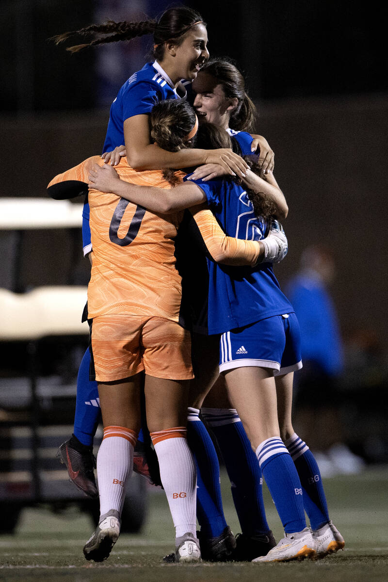 Bishop Gorman players celebrate their win in a high school soccer game against Liberty at Bisho ...
