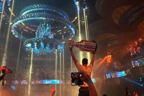 Keegan Kolesar holds aloft the Stanley Cup at Omnia at Caesars Palace after the Vegas Golden Kn ...