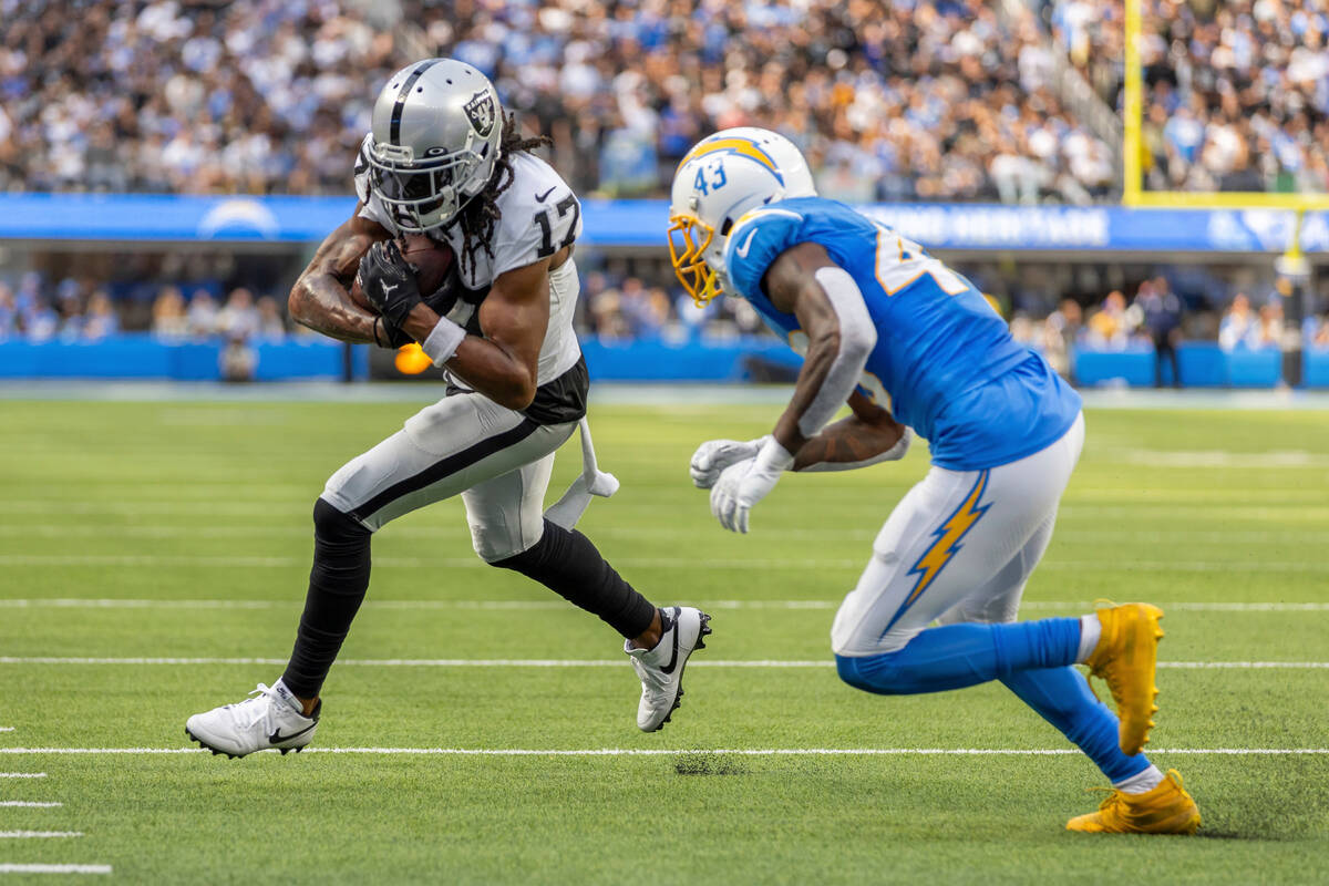 Las Vegas Raiders wide receiver Davante Adams (17) against the Los Angeles Chargers in an NFL f ...